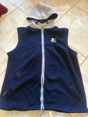 STARTER Navy Blue Fleece Hooded Vest with Light Gray Trim